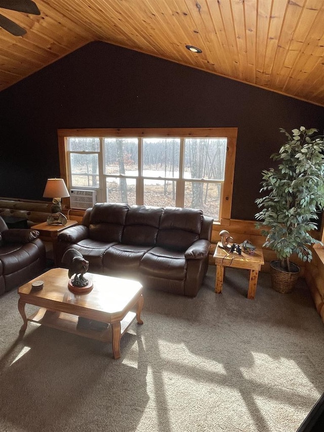 living room featuring carpet floors, vaulted ceiling, and wooden ceiling