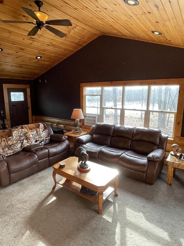 living room featuring carpet floors, vaulted ceiling, and wooden ceiling