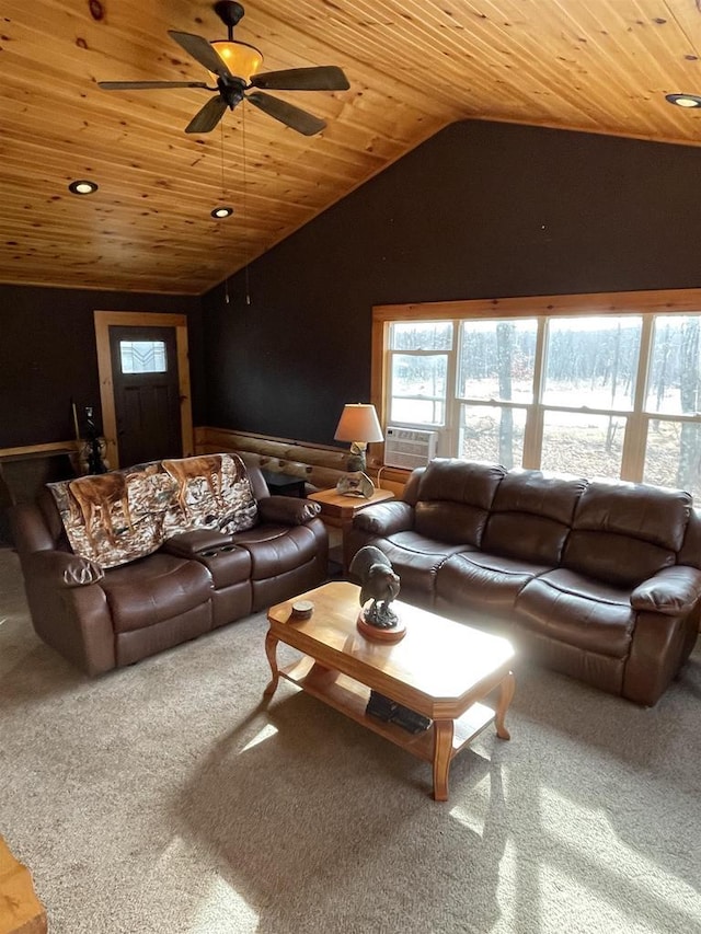 living room featuring wood ceiling, ceiling fan, lofted ceiling, and carpet flooring