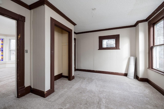 unfurnished bedroom with multiple windows, ornamental molding, light carpet, and a closet