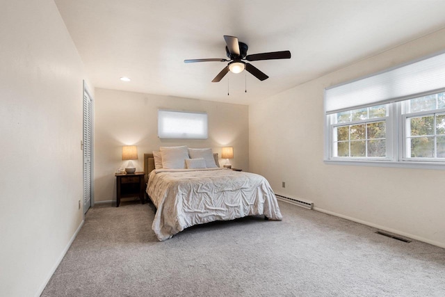 bedroom with carpet flooring, a closet, ceiling fan, and baseboard heating