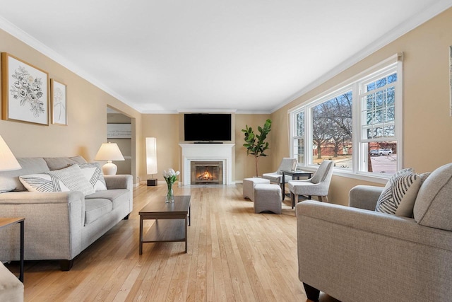 living room featuring ornamental molding and light hardwood / wood-style floors