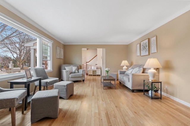 living room featuring crown molding and light hardwood / wood-style flooring