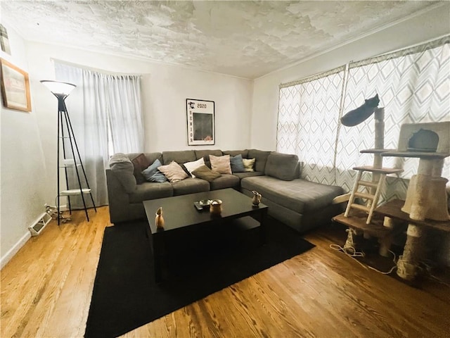 living room featuring light hardwood / wood-style flooring and a textured ceiling