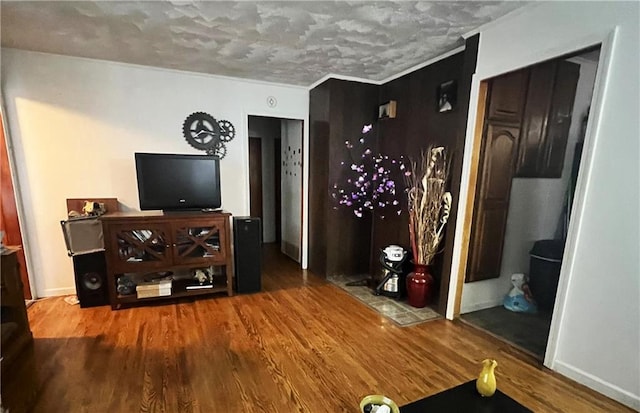 living room featuring hardwood / wood-style flooring and a textured ceiling