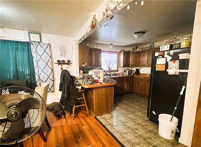 kitchen featuring black refrigerator, sink, and dark hardwood / wood-style floors