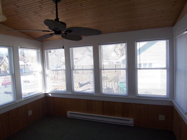 unfurnished sunroom with vaulted ceiling, ceiling fan, wood ceiling, and baseboard heating