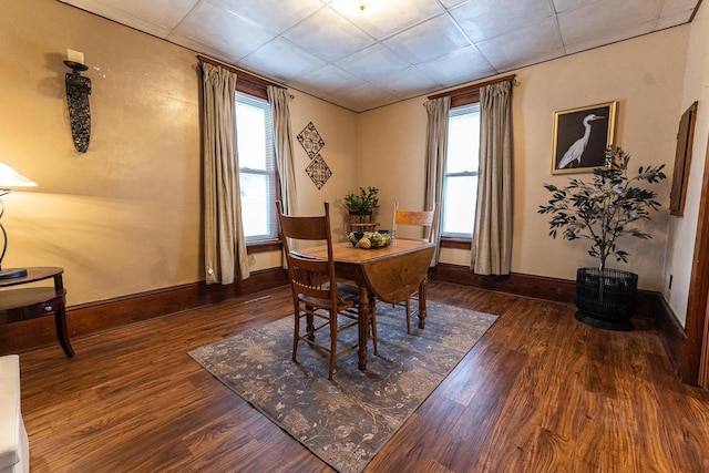 dining room with dark hardwood / wood-style flooring, plenty of natural light, and a paneled ceiling