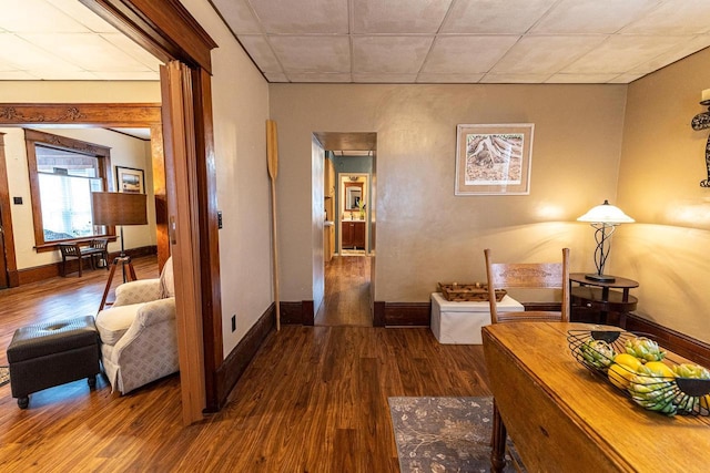 hallway with a paneled ceiling and dark hardwood / wood-style flooring