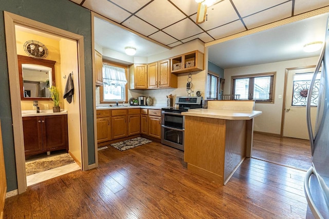 kitchen with a paneled ceiling, appliances with stainless steel finishes, dark hardwood / wood-style floors, a healthy amount of sunlight, and kitchen peninsula