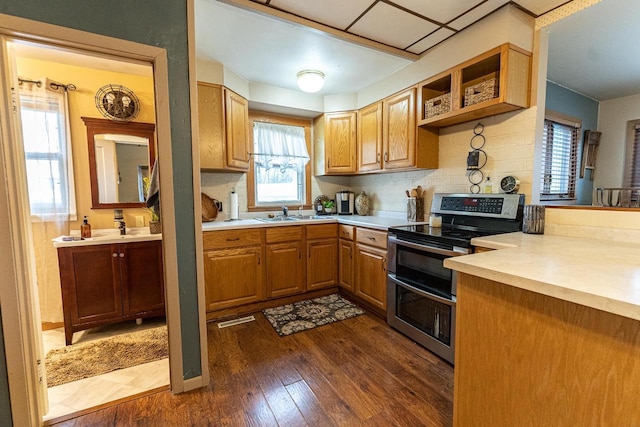 kitchen featuring dark wood-type flooring, decorative backsplash, plenty of natural light, and range with two ovens