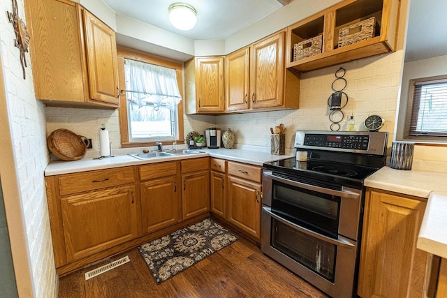 kitchen featuring plenty of natural light, dark hardwood / wood-style flooring, sink, and range with two ovens