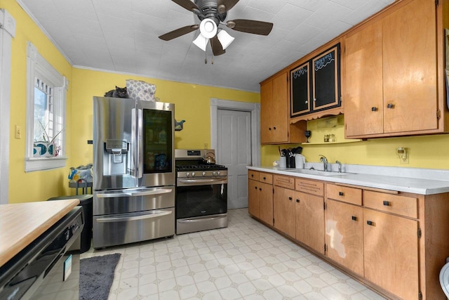 kitchen featuring sink, ornamental molding, stainless steel appliances, and ceiling fan