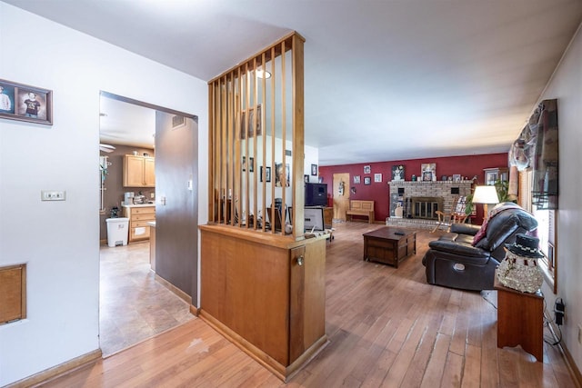 living room with a fireplace and wood-type flooring