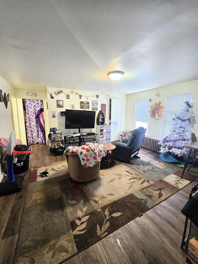 living room featuring hardwood / wood-style flooring, radiator, and a textured ceiling