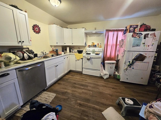 kitchen featuring white cabinetry, dark hardwood / wood-style floors, sink, and white appliances