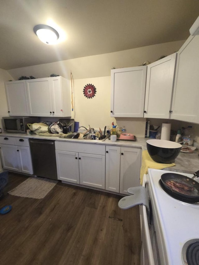 kitchen featuring white cabinetry, electric stove, dark hardwood / wood-style flooring, and dishwasher