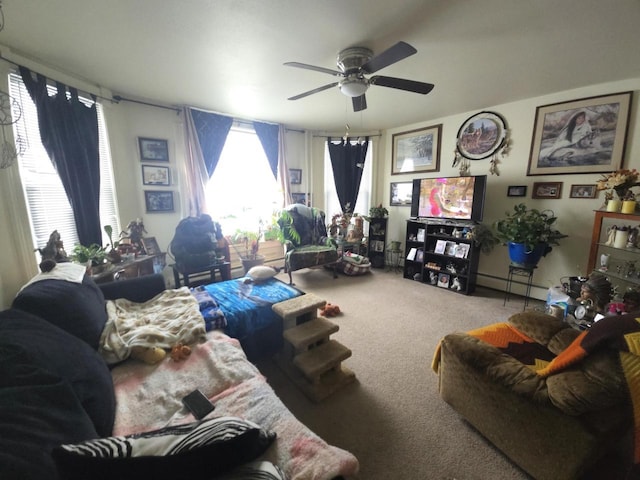 living room with ceiling fan, a baseboard radiator, and carpet floors