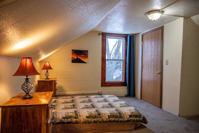 carpeted bedroom with lofted ceiling and a textured ceiling