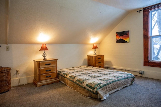 carpeted bedroom with vaulted ceiling and baseboard heating