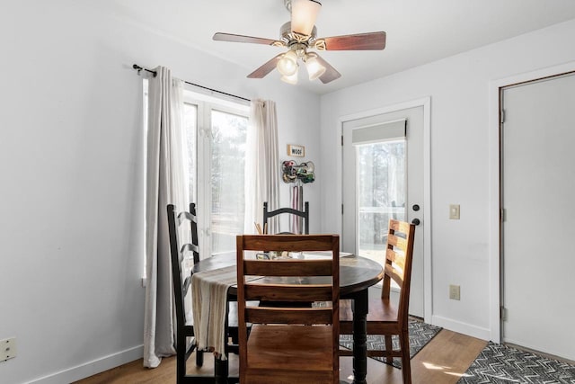 dining room with ceiling fan, light hardwood / wood-style flooring, and a wealth of natural light