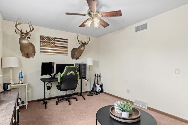 office featuring ceiling fan and carpet flooring