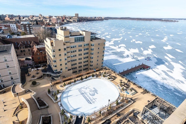 drone / aerial view with a water view