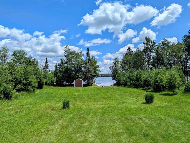 view of yard featuring a water view and a storage shed