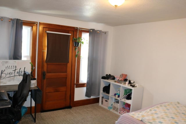 bedroom with light colored carpet