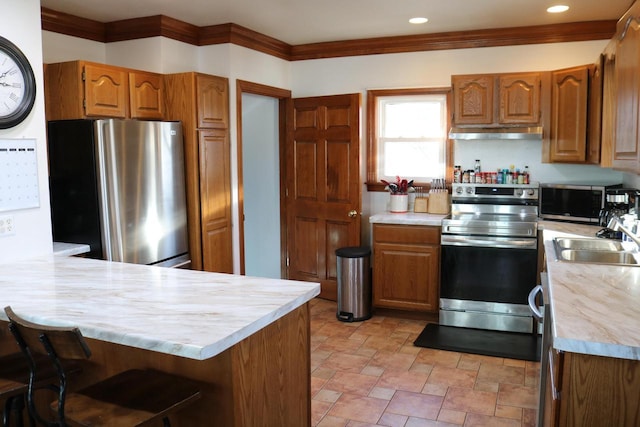 kitchen featuring sink, crown molding, kitchen peninsula, and appliances with stainless steel finishes