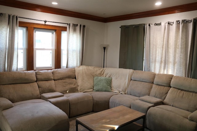 living room with crown molding