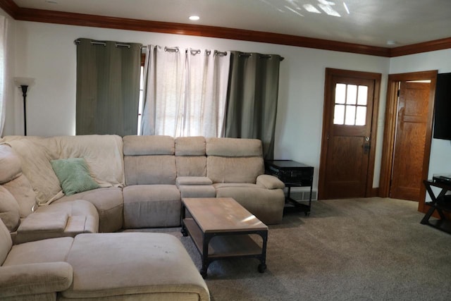 carpeted living room with crown molding