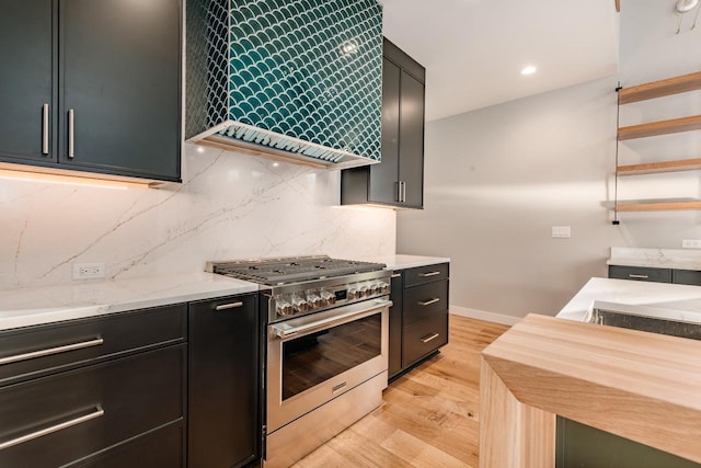 kitchen featuring backsplash, stainless steel stove, light hardwood / wood-style flooring, and wall chimney range hood