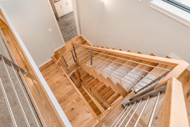 staircase with wood-type flooring and a skylight