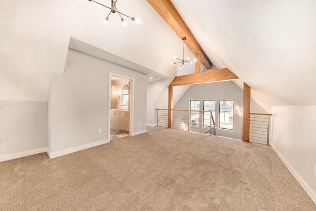 additional living space with vaulted ceiling with beams, a chandelier, and carpet flooring