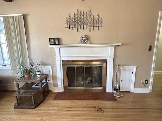 interior details with hardwood / wood-style floors and a baseboard heating unit