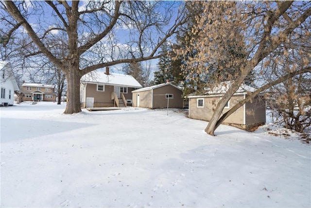 exterior space with a storage shed