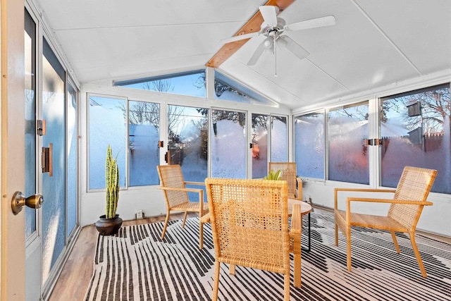 sunroom featuring ceiling fan and vaulted ceiling