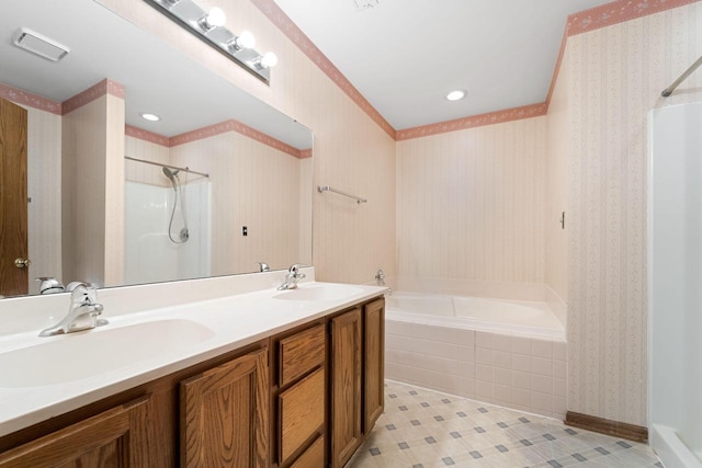 bathroom featuring tile patterned floors, vanity, and independent shower and bath