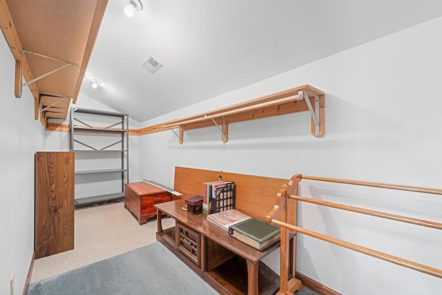 spacious closet featuring lofted ceiling and light carpet