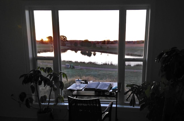 dining area featuring a water view and a wealth of natural light