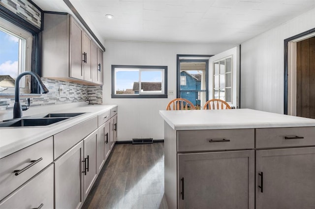 kitchen with dark hardwood / wood-style flooring, sink, decorative backsplash, and gray cabinets