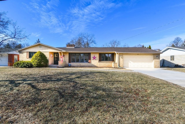 ranch-style house featuring a garage and a front yard