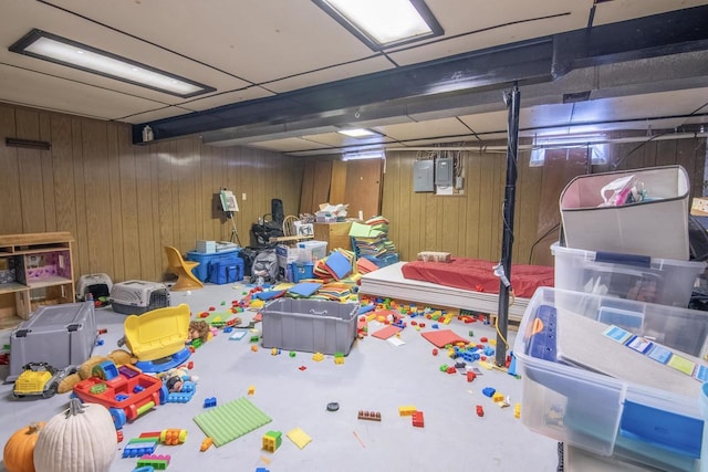 basement with wood walls