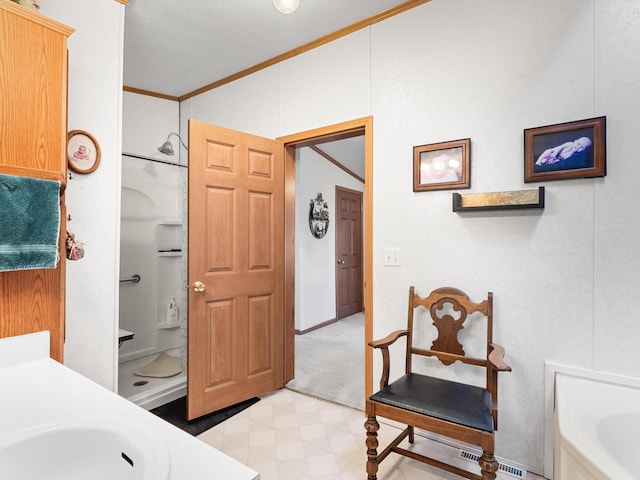 bathroom with independent shower and bath, ornamental molding, and vanity