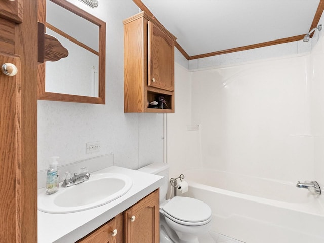 full bathroom featuring shower / bath combination, vanity, ornamental molding, and toilet