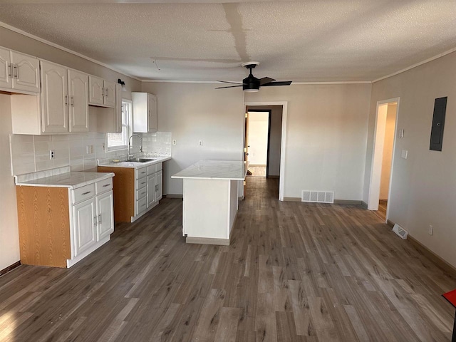 N3005 Lakeview Dr, Montello, WI 53949 - kitchen featuring dark wood-type flooring, sink, electric panel, a kitchen island, and white cabinets