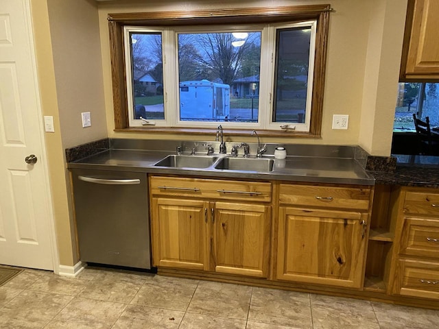 kitchen with sink, backsplash, dishwasher, and light tile patterned flooring