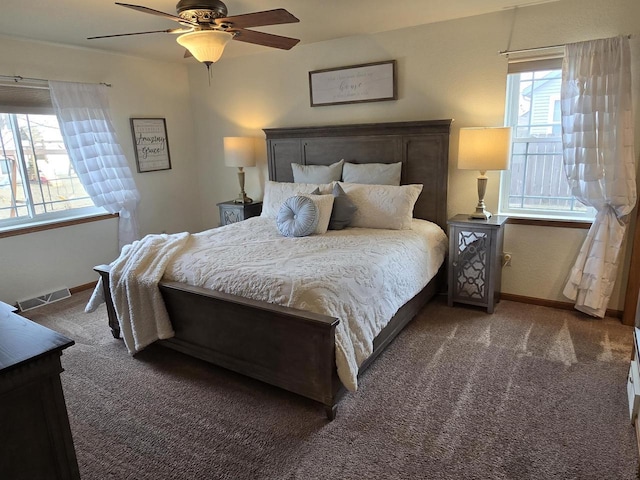 carpeted bedroom featuring ceiling fan