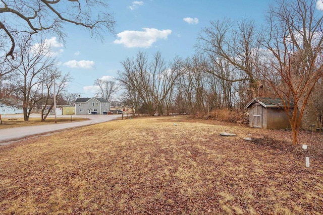 view of yard featuring a storage shed